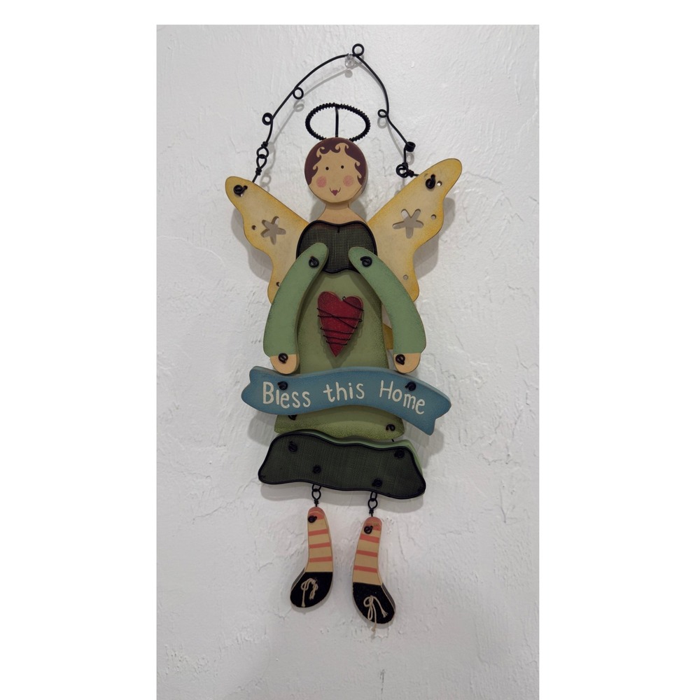 Vintage Savile Row Wooden Angel Bless This Home Wall Hanging Folk Art 21"